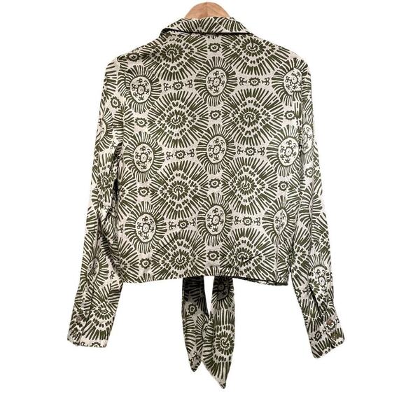 Haute Hippie Green Sunburst Blouse, M | Linen Blend, Tie-Front, Boho Luxe NWOT - Picture 2 of 9
